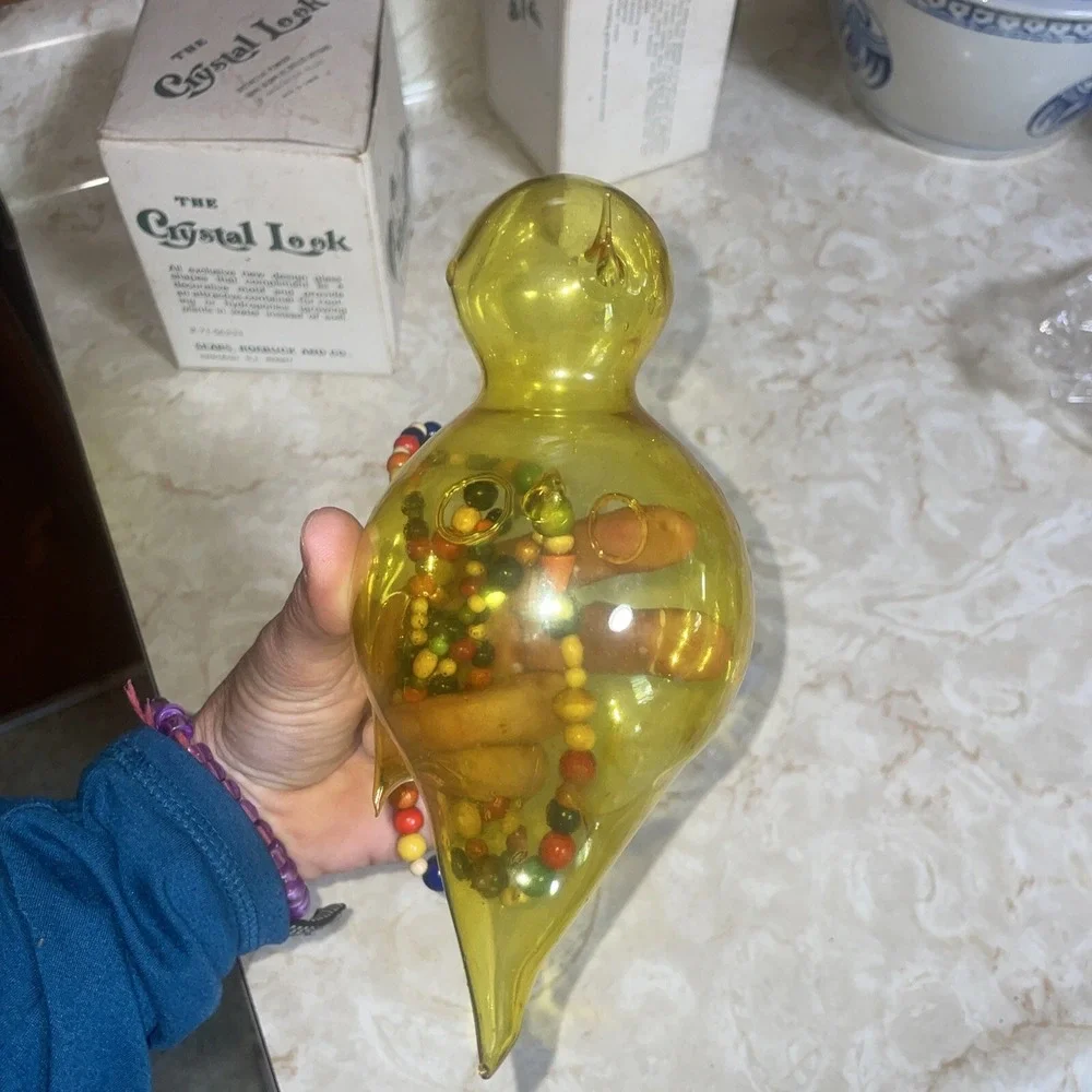 Vintage Hand Blown Glass‎ Hanging Plant Propagation Yellow Bird Wooden Beads